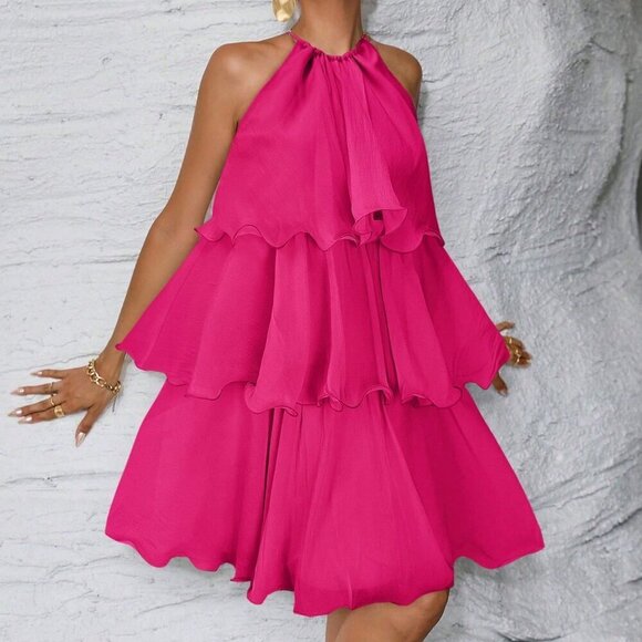 Hot Pink Casual Women's Ruffled tiered Mini Dress - Picture 3 of 6